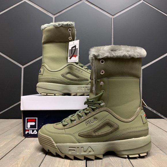 womens fila disruptor shearling athletic shoe olive green